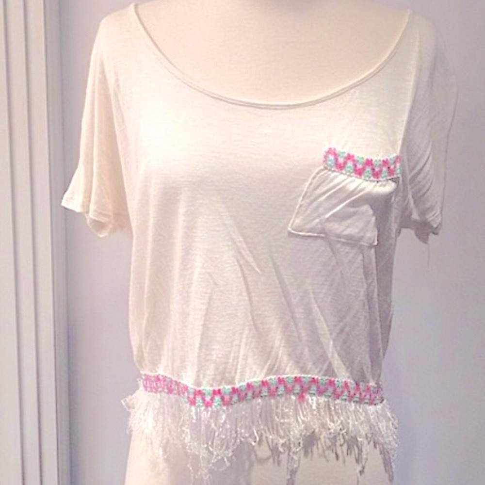 KIRRA FOR PACSUN Vintage Cream Boho Beaded Fringe Top
